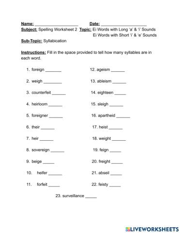 Spelling 'ei' Words- Syllables