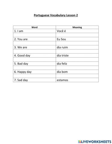 Portuguese Vocabulary - Lesson 2