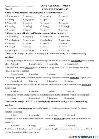 Unit 3 the green movement - reading