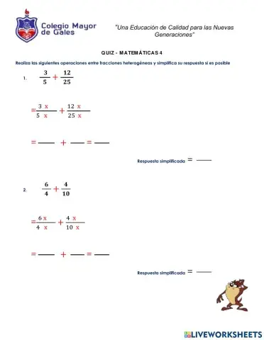 Quiz fracciones heterogéneas suma y resta