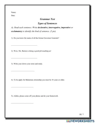 Type of Sentences Quiz