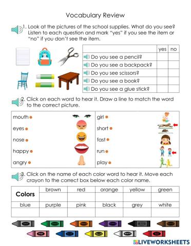 Vocabulary Review (School Supplies, My Face, My Friends)