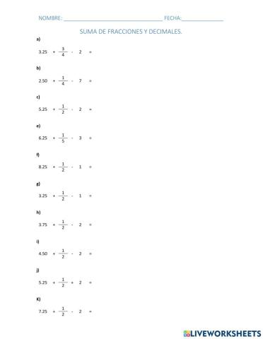 Sumas de numeros fraccionarios, enteros y decimales