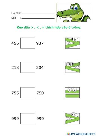 Phiếu BT so sánh số có ba chữ số - Lớp 2