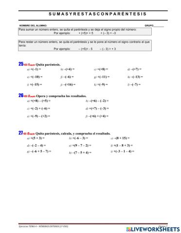 Sumas y restas de enteros con parentesis