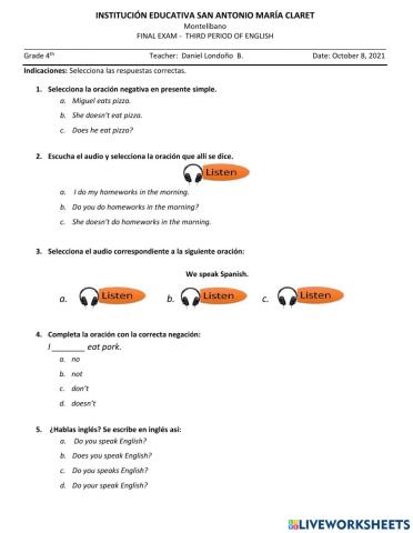 Evaluación de Inglés 4°--3P