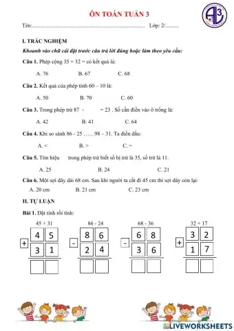 Phiếu ôn Toán Tuần 3