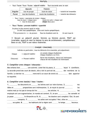 Adj-Adverbe TOUT - CHACUN- CHAQUE