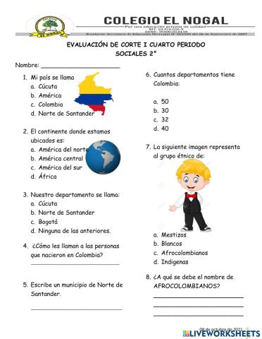EVALUACIÓN DE CORTE I CUARTO PERIODO SOCIALES 2°