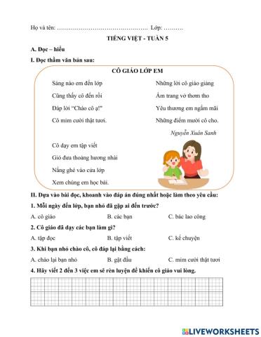 Phiếu Tiếng Việt cuối tuần 5