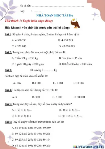 Phiếu cuối tuần 5 - Môn Toán