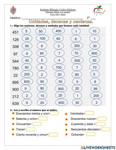 Unidades, decenas y centenas