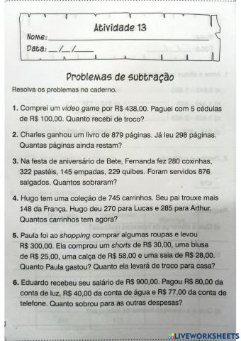 Problemas de subtração
