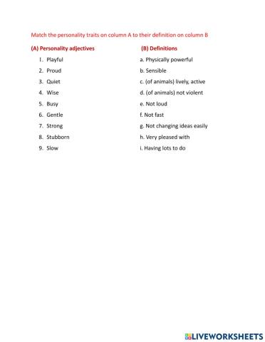 Matching Personality adjectives