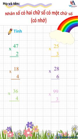 Nhân số có hai chữ số với số có một chữ số (có nhớ)