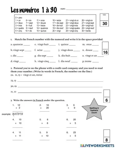 French numbers 1-30