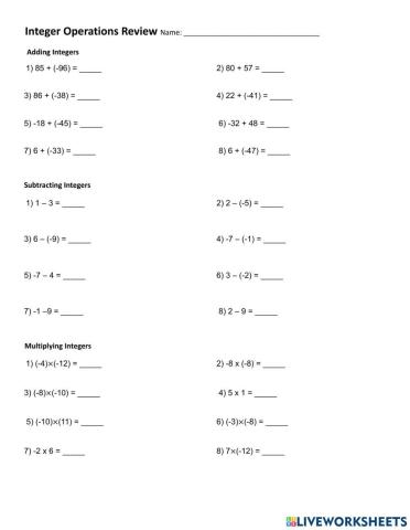 Grade Seven Integers Worksheet