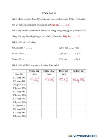 BTVN Lớp ST7.5G3 - Buổi 16 - Tỉ số phần trăm