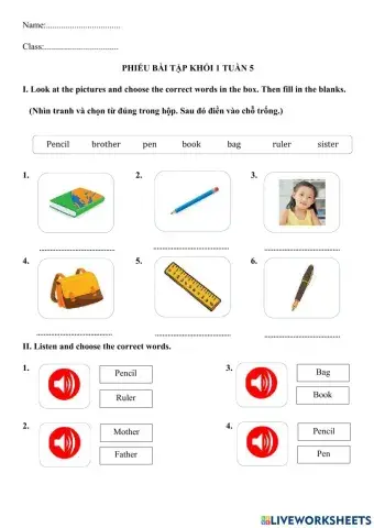 Phiếu bài tập khối 1 tuần 5