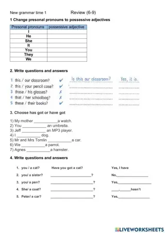 Review (possessive, have-has got, can-can't)