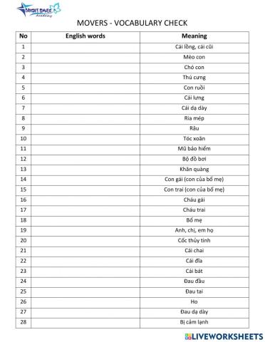 Movers - Vocabulary check - Lesson 19