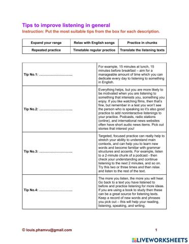 Student Activity: Matching the title - Tips for Listening in general