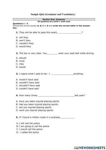 Sample Quiz (Grammar and Vocabulary)