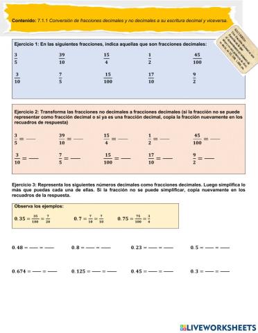 Ejercicios de fracciones y decimales
