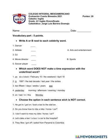 Examen A1 Inglés Cuarto bimestre