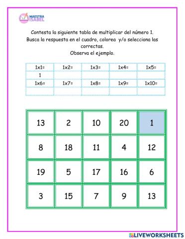 Tabla de multiplicar número 1