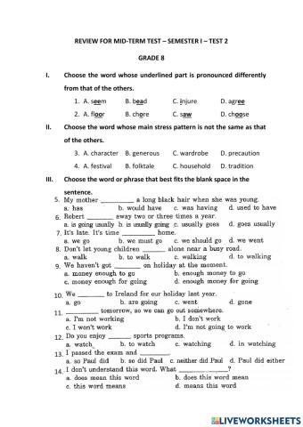 Review for Midterm Test - Sem 1 - Test 2