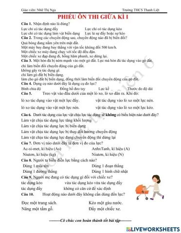 Phiếu ôn tập giữa kì I