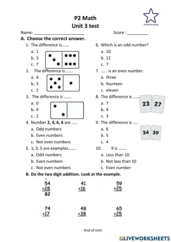 P2 Math Unit 3 test