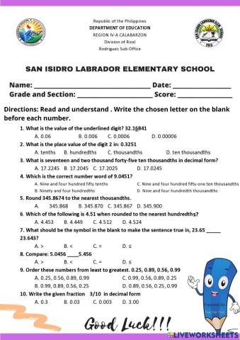 Second Quarter Summative Test in Math 5