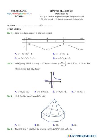 Toán 12 - Kiểm tra GK1 - Đề số 04