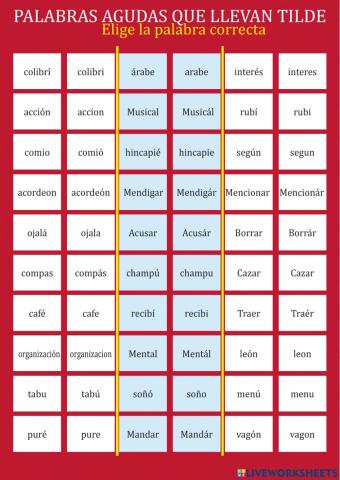 Palabras agudas que llevan tilde