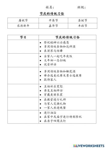 六年级历史：单元六《节庆的传统习俗》练习