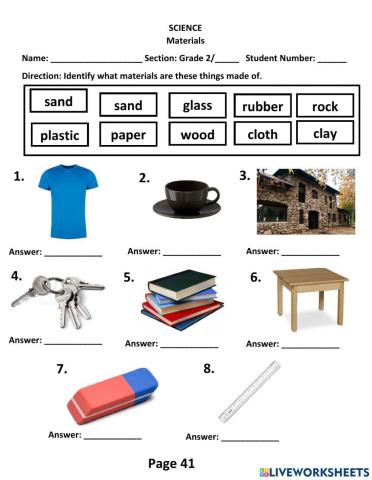 Science Worksheet 1, Materials
