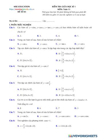 Toán 11 - Kiểm tra GK1 - Đề số 03