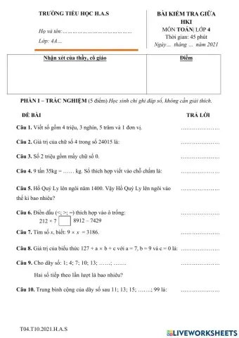 Bài kiểm tra tháng 10