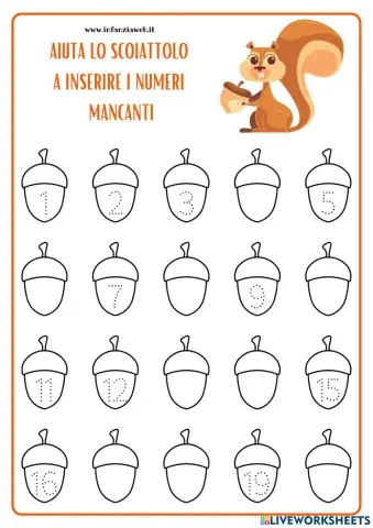 Aiuta lo scoiattolo a completare i numeri sulle ghiande