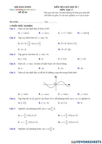 Toán 11 - Kiểm tra GK1 - Đề số 04