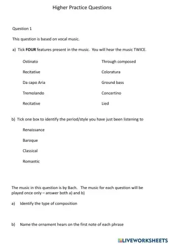 Higher Music Paper Practice 1