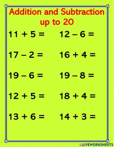 Addition and Subtraction to 20 Set 5
