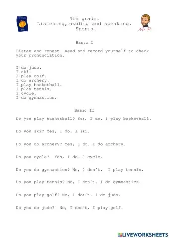 4th grade. Listening,reading and speaking.  Sports.