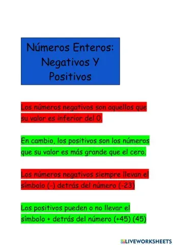 Números Enteros: Negativos Y Positivos