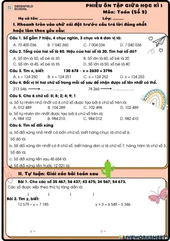 Phiếu Ôn tập Giữa học kì I - Toán - Số 5
