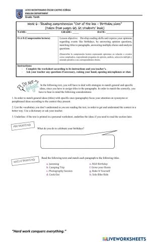 Week 6 - Reading comprehension “Out of the box – Birthday plans”