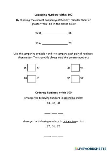 Comparing and Ordering Numbers within 100