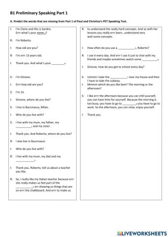 Preliminary Speaking Part 1